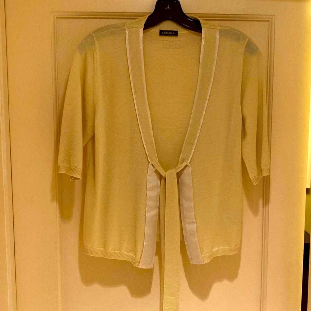 NWOT ESCADA lightweight silk/wool blend tie detail cardigan, lime green, size M. - Picture 2 of 6
